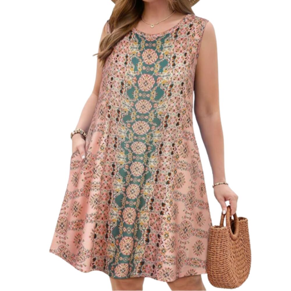 5XL Plus Size Boho Floral Sleeveless Dress Pockets Pink Teal Shift Dress